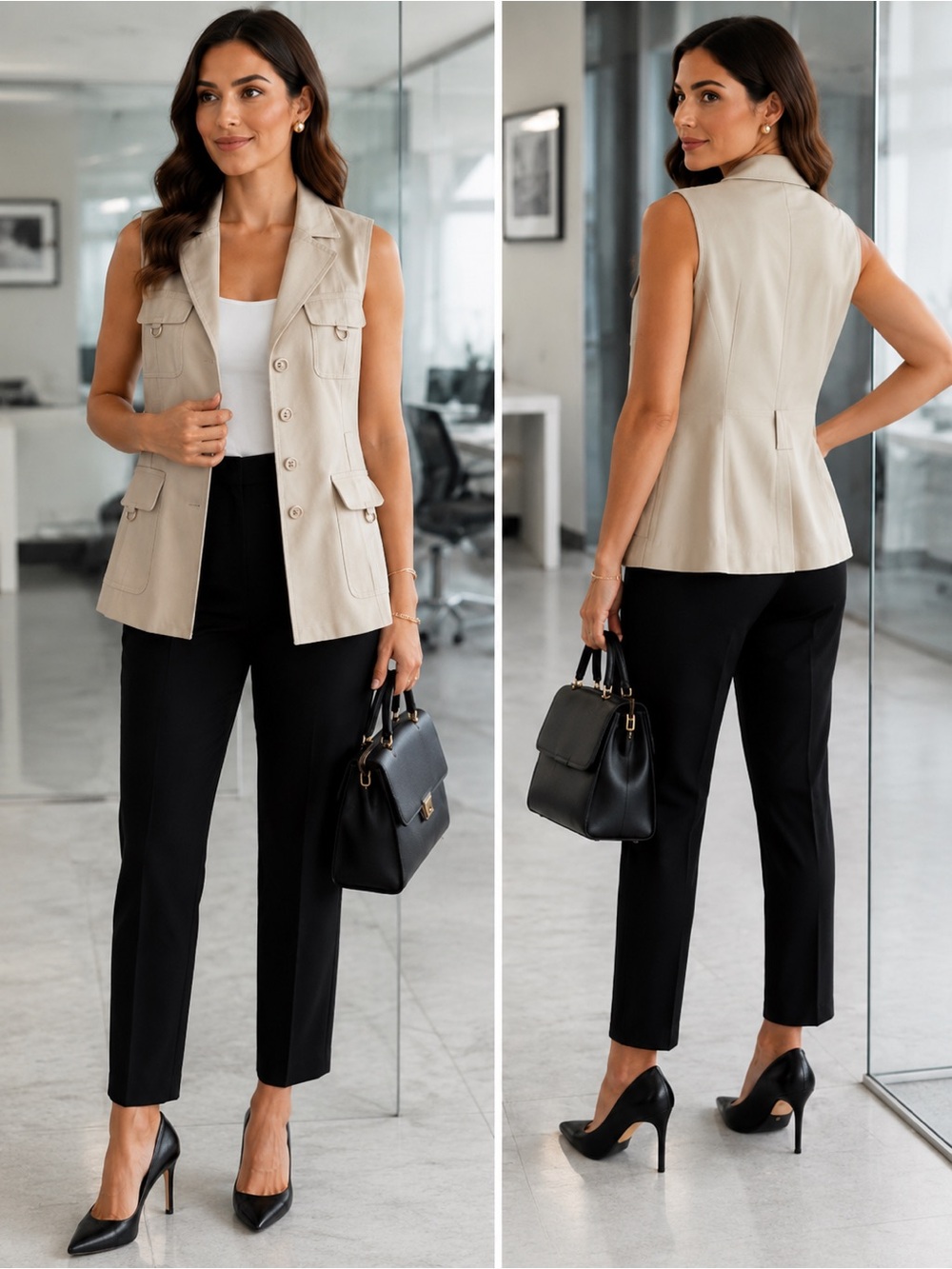 Jenne Mac Sleeveless Utility Blazer Vest in Beige - Women's Professional Layer